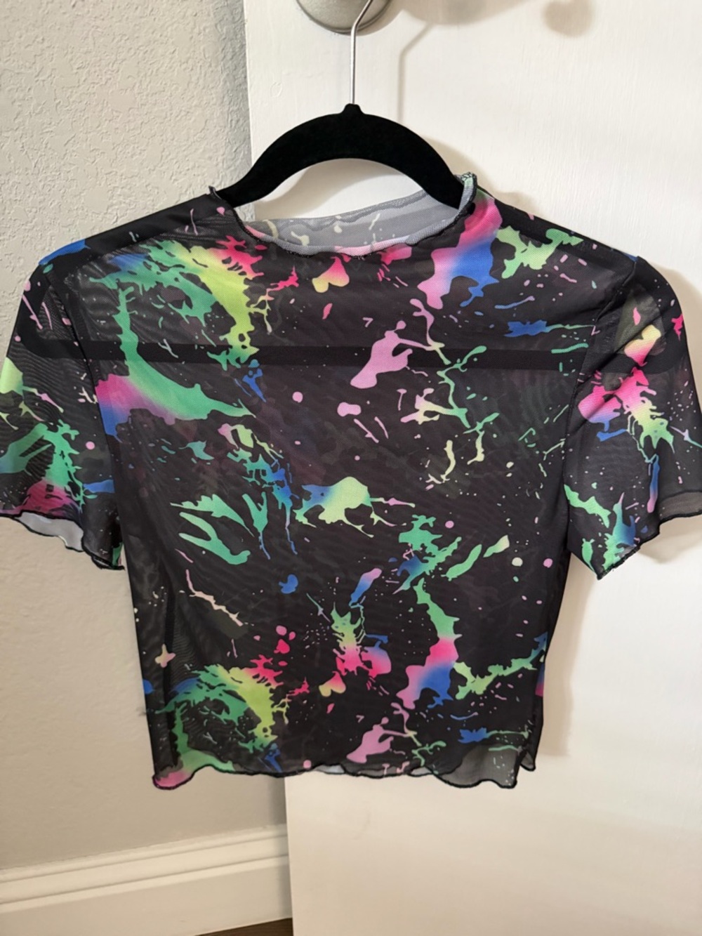 Sheer Neon Splash Crop Top - Black